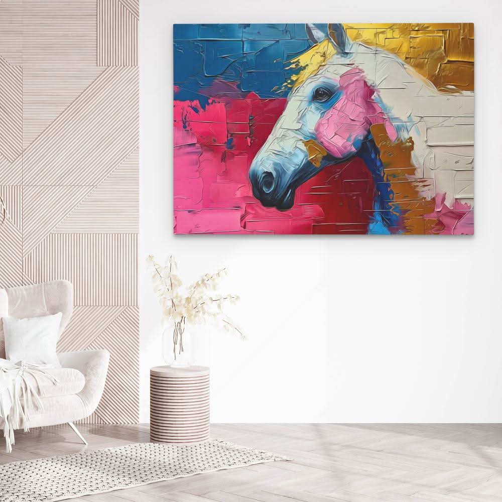 Pink Racing Horse - Blue Wall Art for Home Office