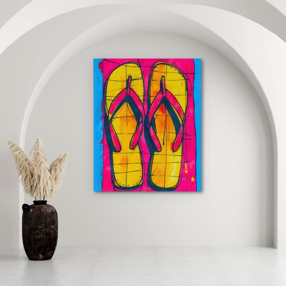 Pink Sandals - Modern Wall Art in Black Frame