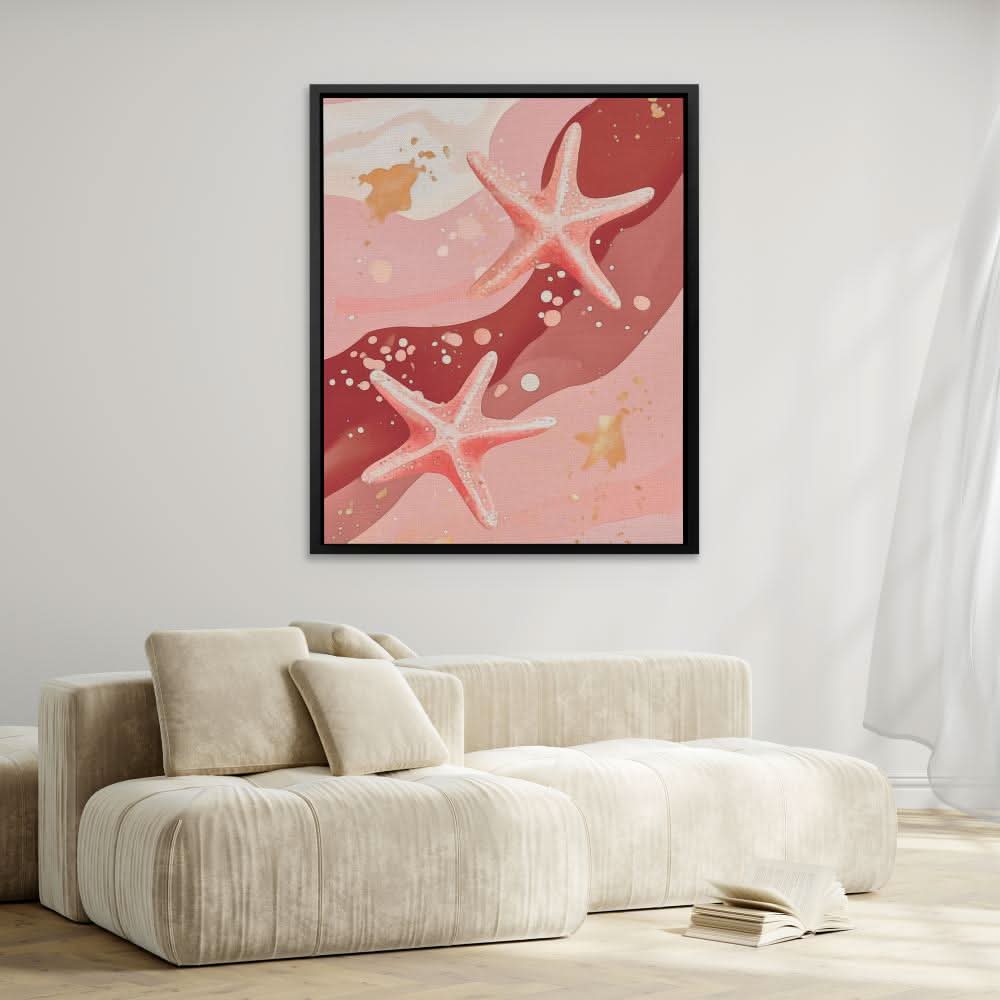 Pink Starfish - Beach House Wall Art in Black Frame