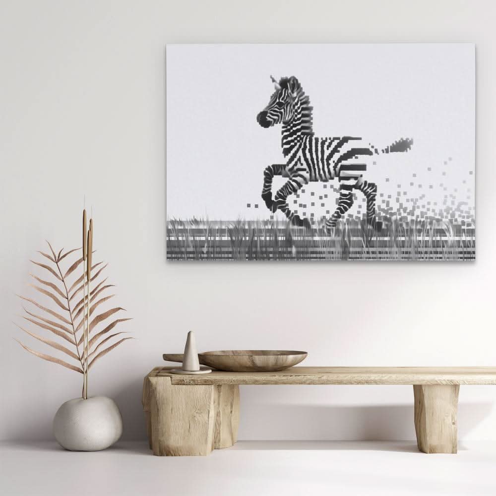 Pixel Zebra - Black and White Wall Art in Black Frame