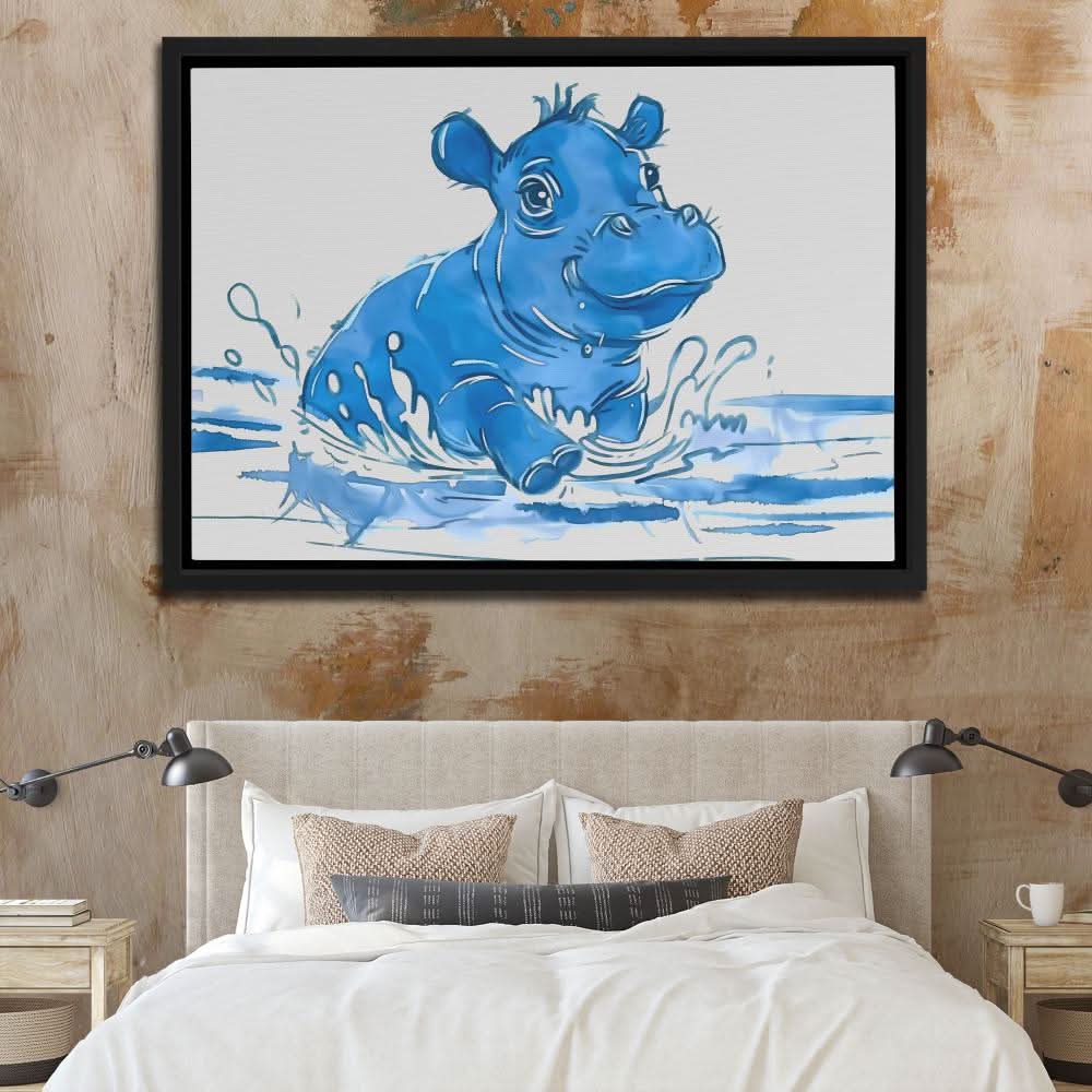 Playing Hippo - Blue Coastal Canvas Print
