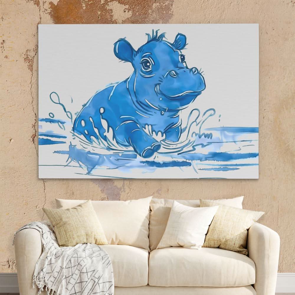 Playing Hippo - Blue Wall Art for Nursery