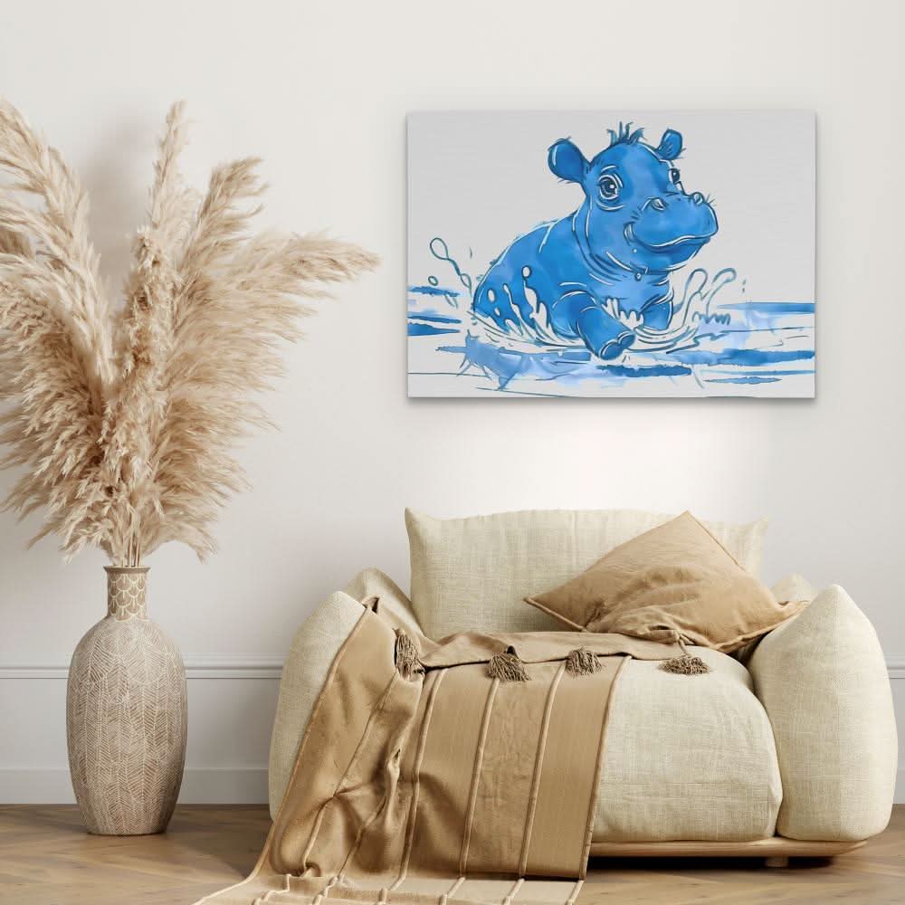 Playing Hippo - Coastal Wall Art in Black Frame