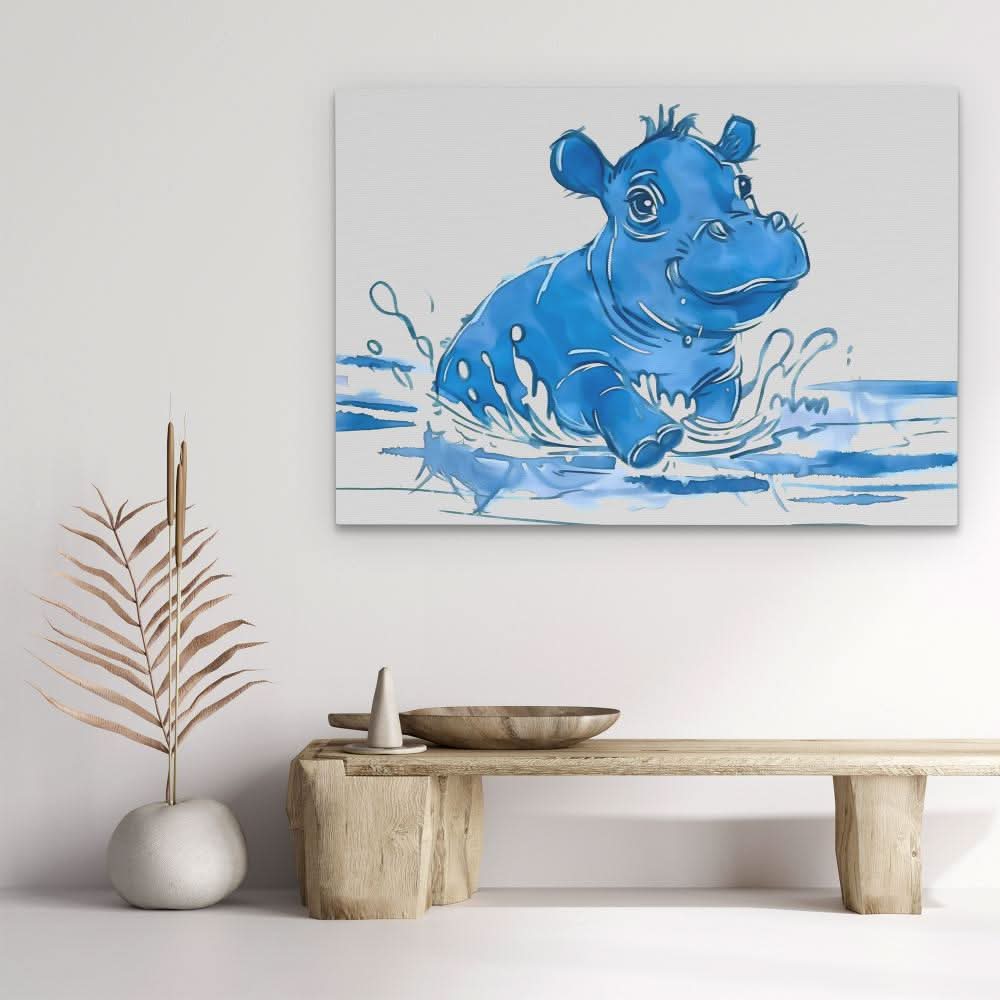 Playing Hippo - Watercolor Earth Tones Canvas Wall Art