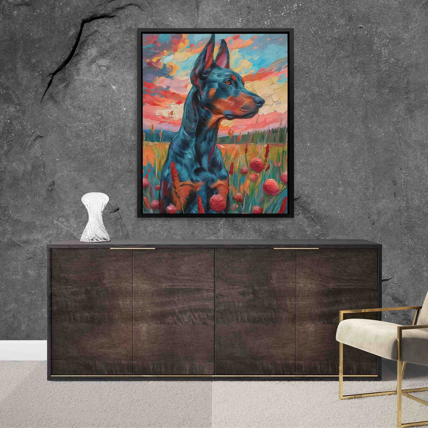 Pointed Ears - Doberman Wall Art in Black Frame