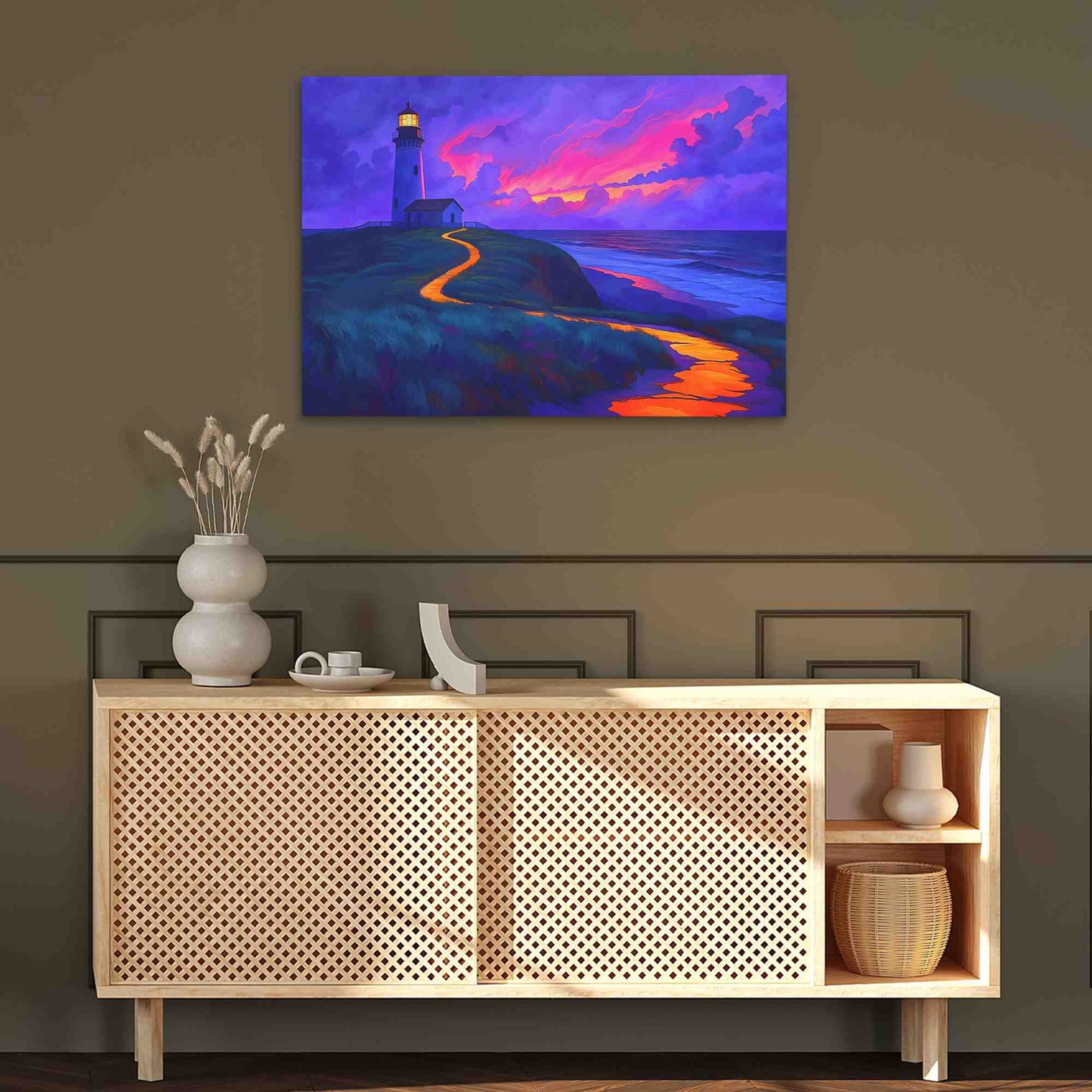 Psychedelic Beach Sunset - Fuchsia Wall Art in Black Frame