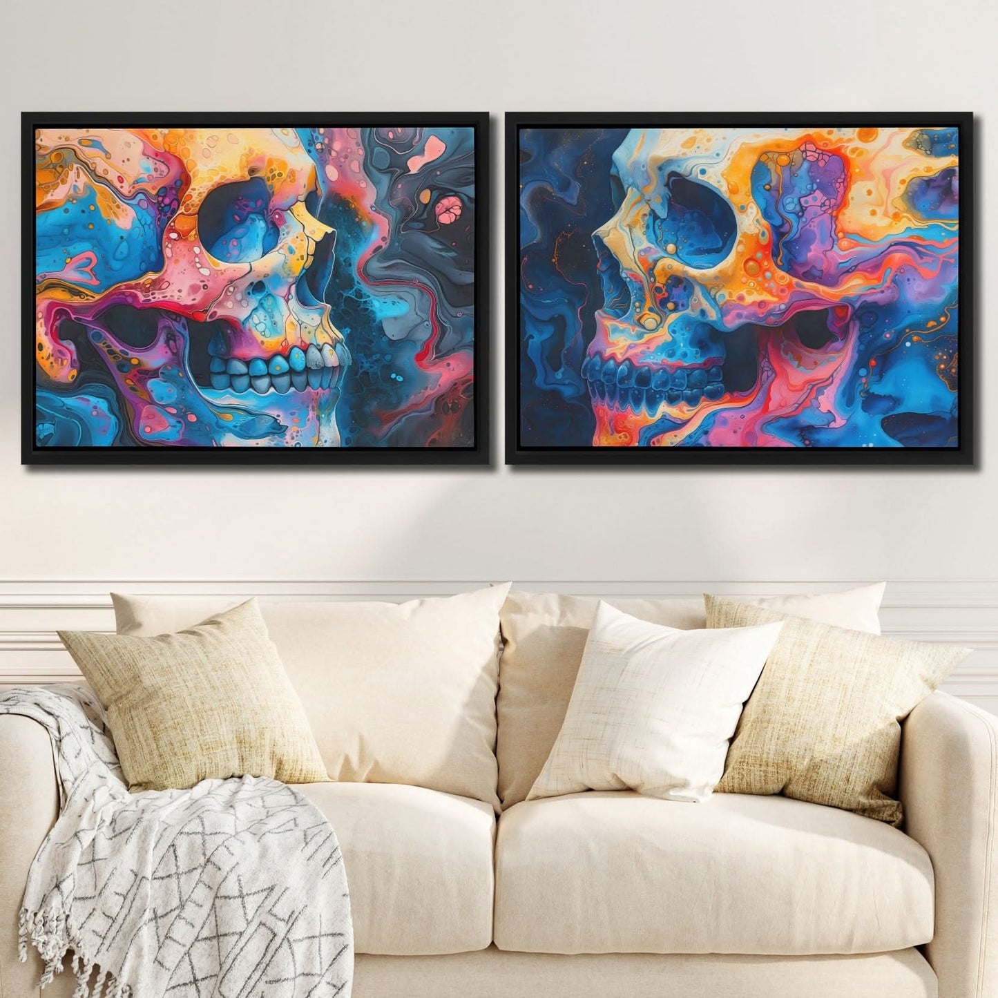 Psychedelic Painted Skulls - Man Cave Wall Art in Black Frame