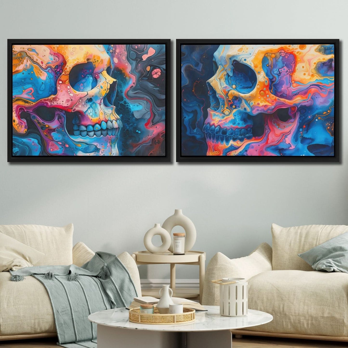 Psychedelic Painted Skulls - Abstract Colorful Canvas Wall Art