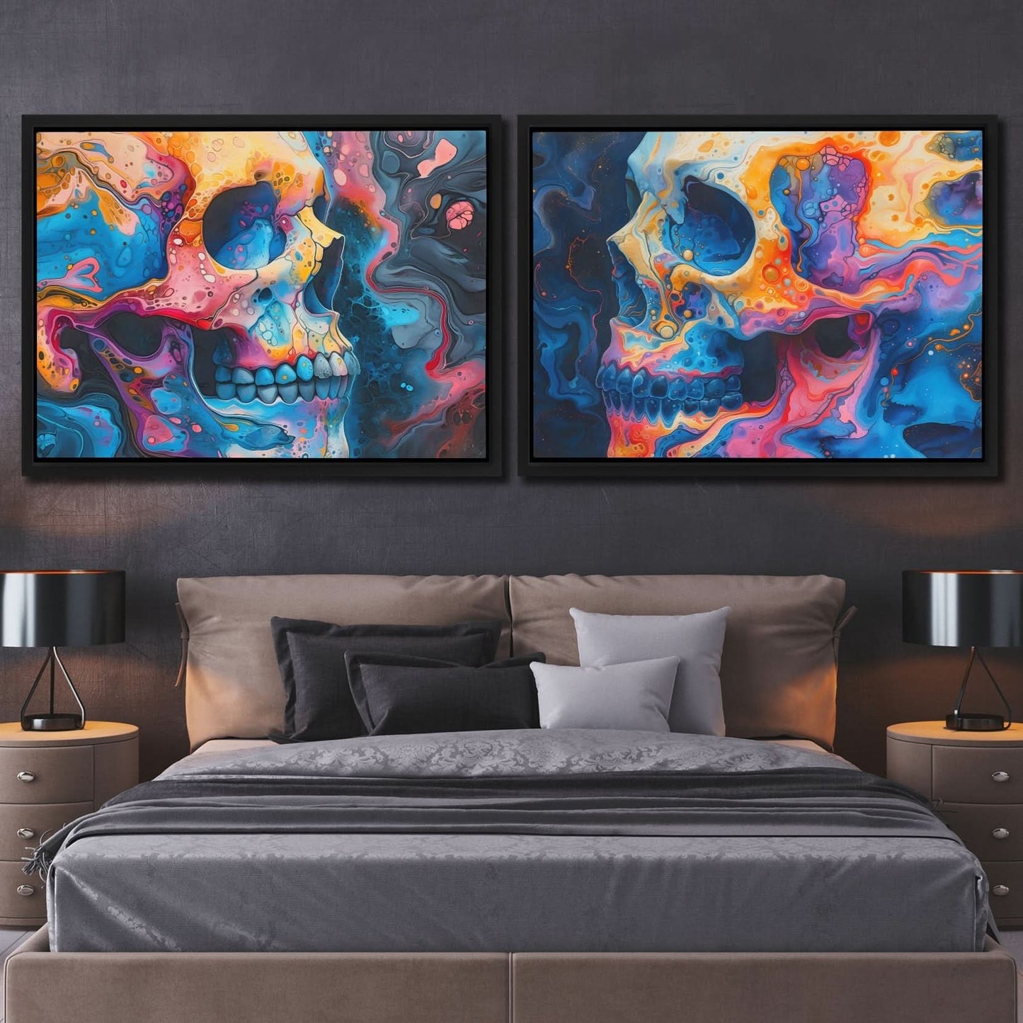 Psychedelic Painted Skulls - Abstract Wall Art in Black Frame