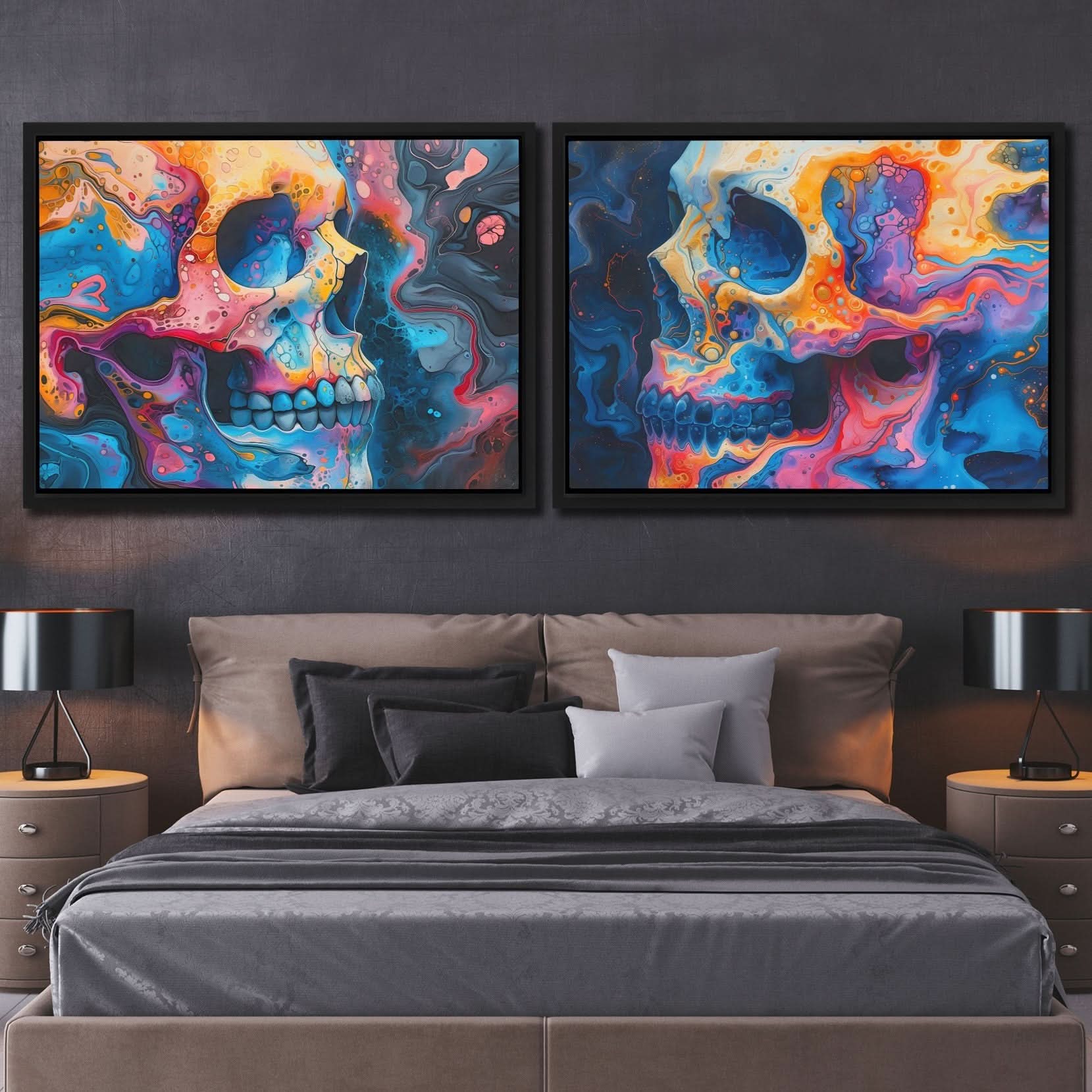 Psychedelic Painted Skulls - Abstract Wall Art in Black Frame