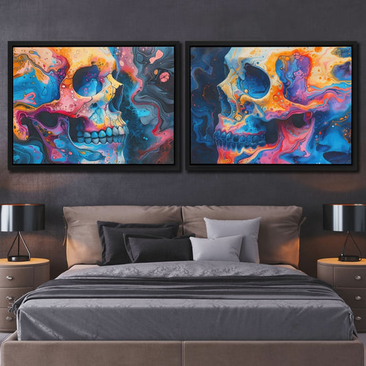 Psychedelic Painted Skulls - Abstract Wall Art in Black Frame