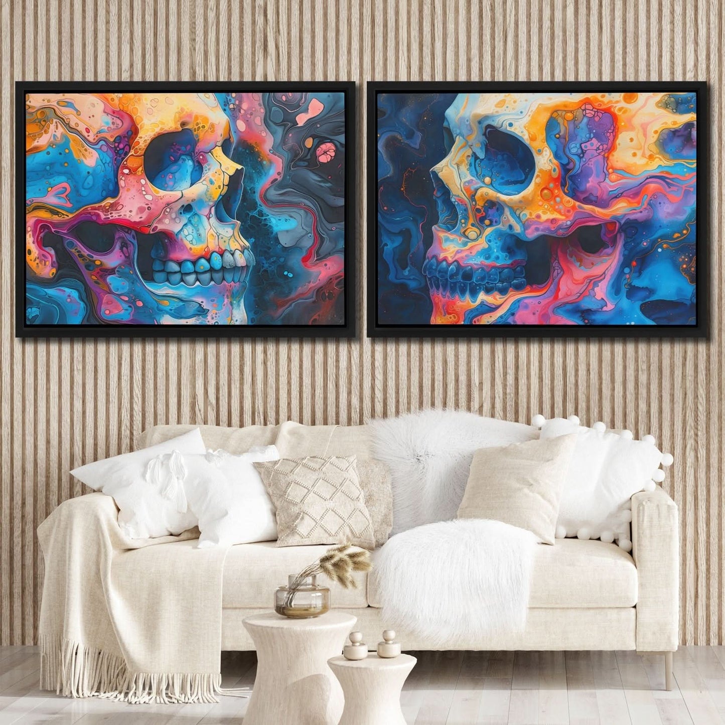 Psychedelic Painted Skulls - Large Abstract Canvas Print