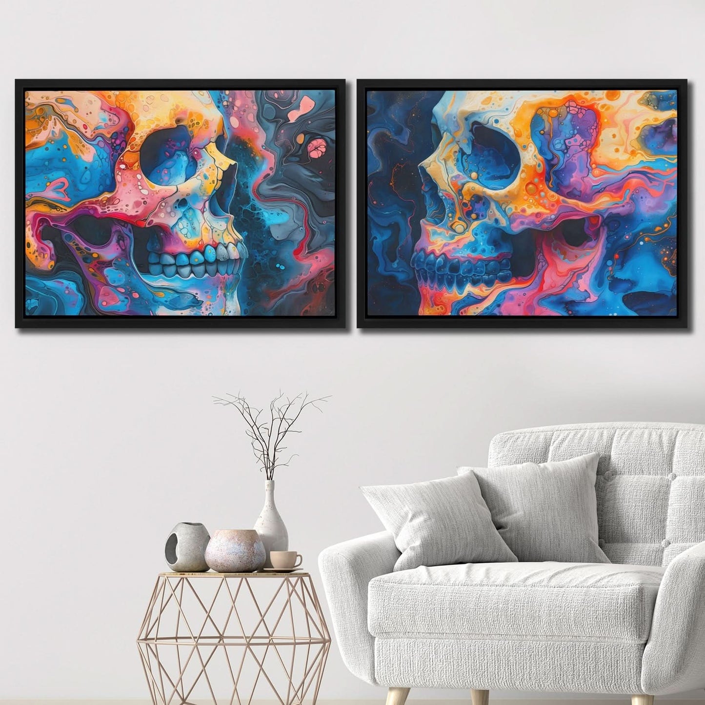 Psychedelic Painted Skulls - Macabre Art for Living Room