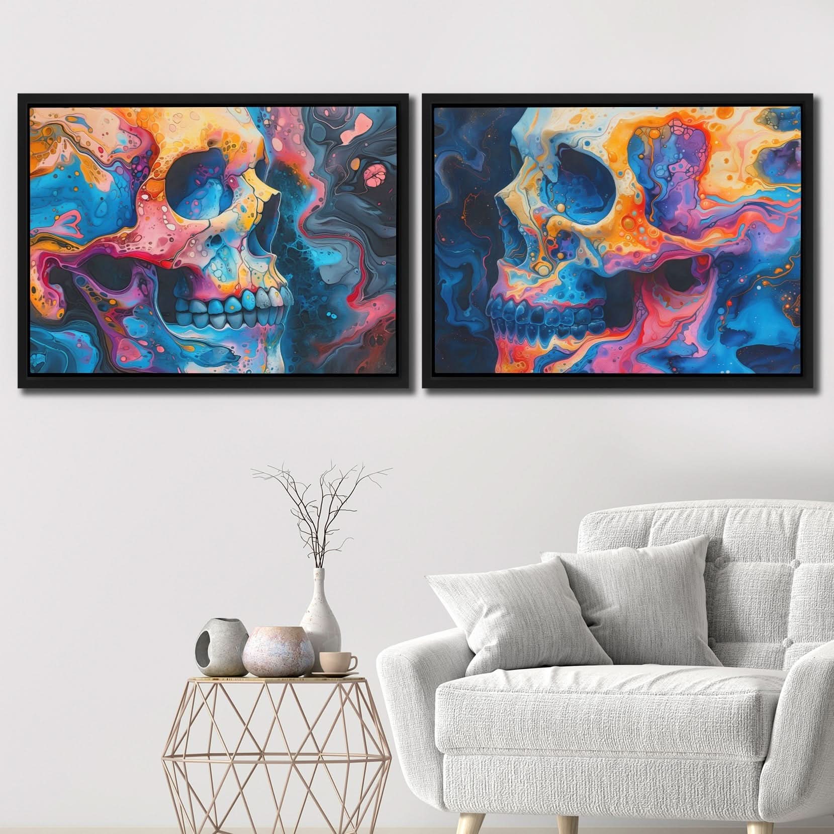 Psychedelic Painted Skulls - Macabre Art for Living Room