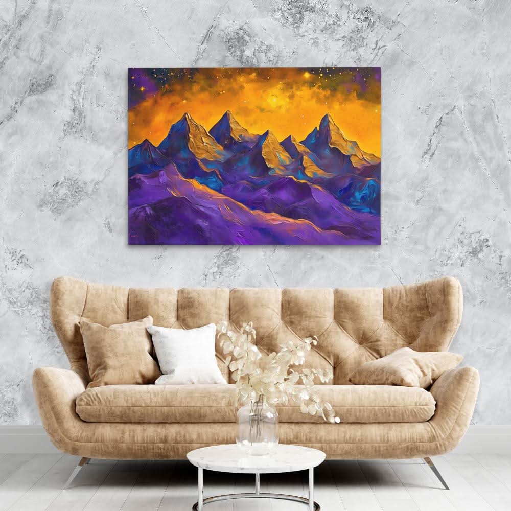 Purple and Gold Peaks - Mountain Wall Art in Black Frame