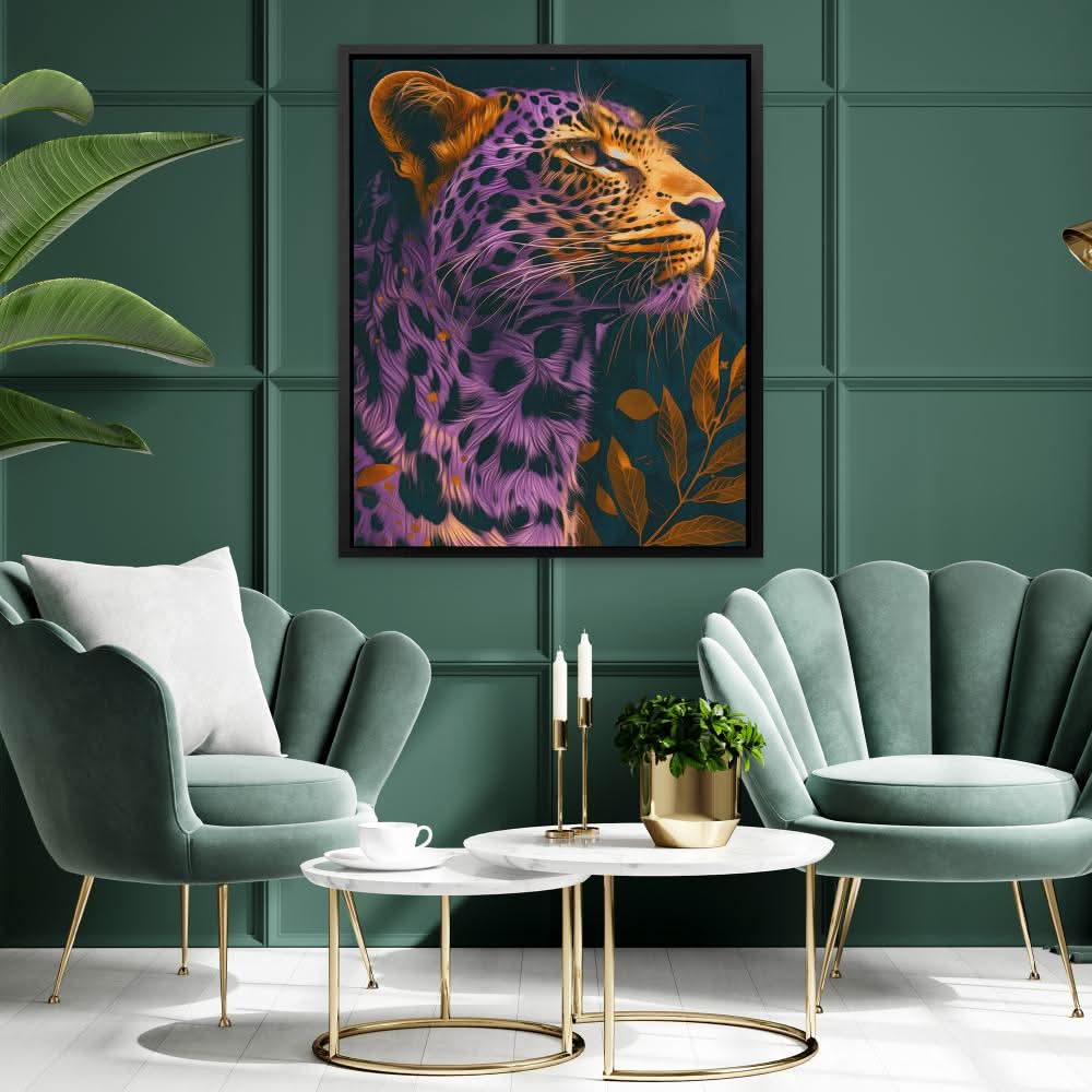 Purple Big Cat - Big Cat Wall Art in Black Frame