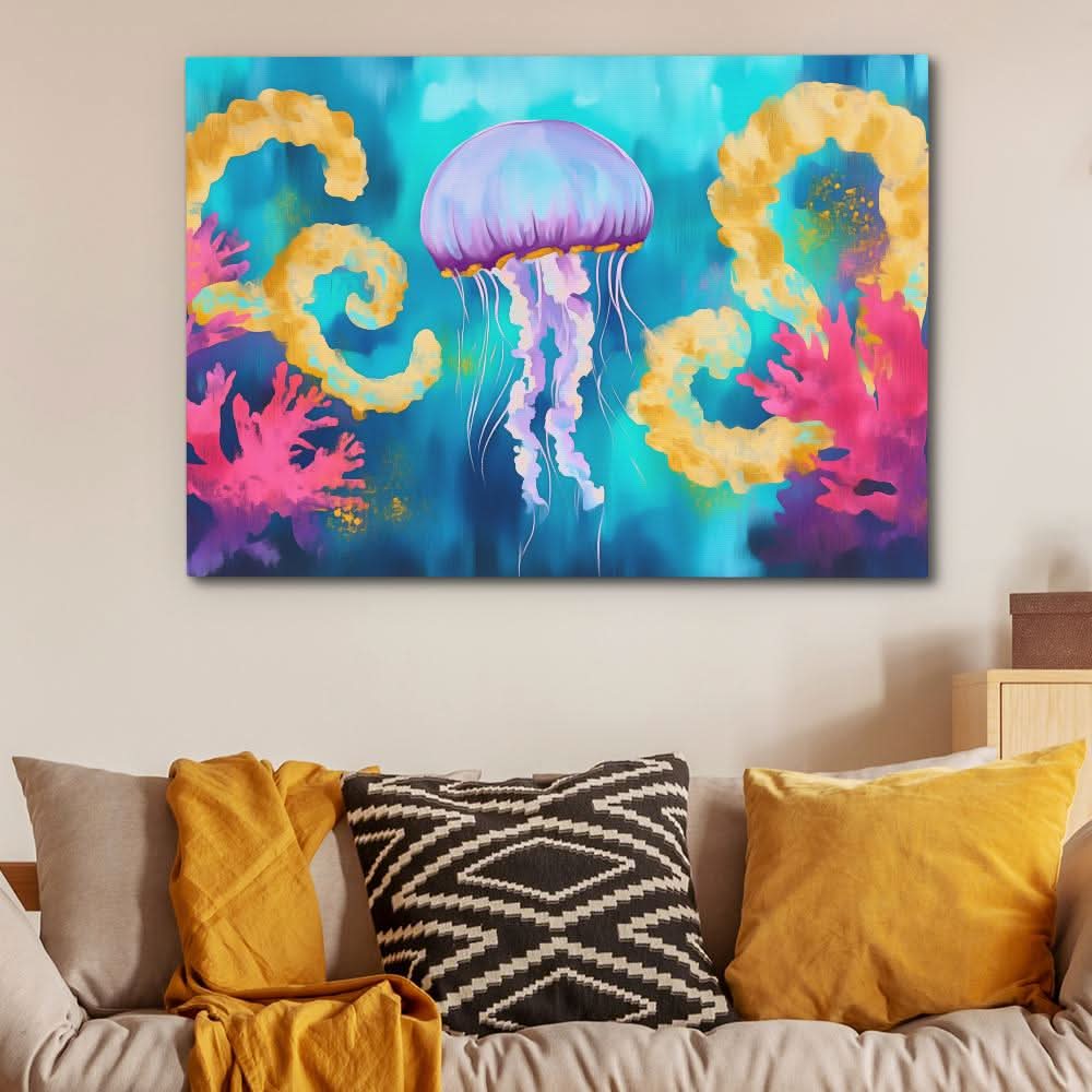Purple Jellyfish - Coastal Wall Art in Black Frame