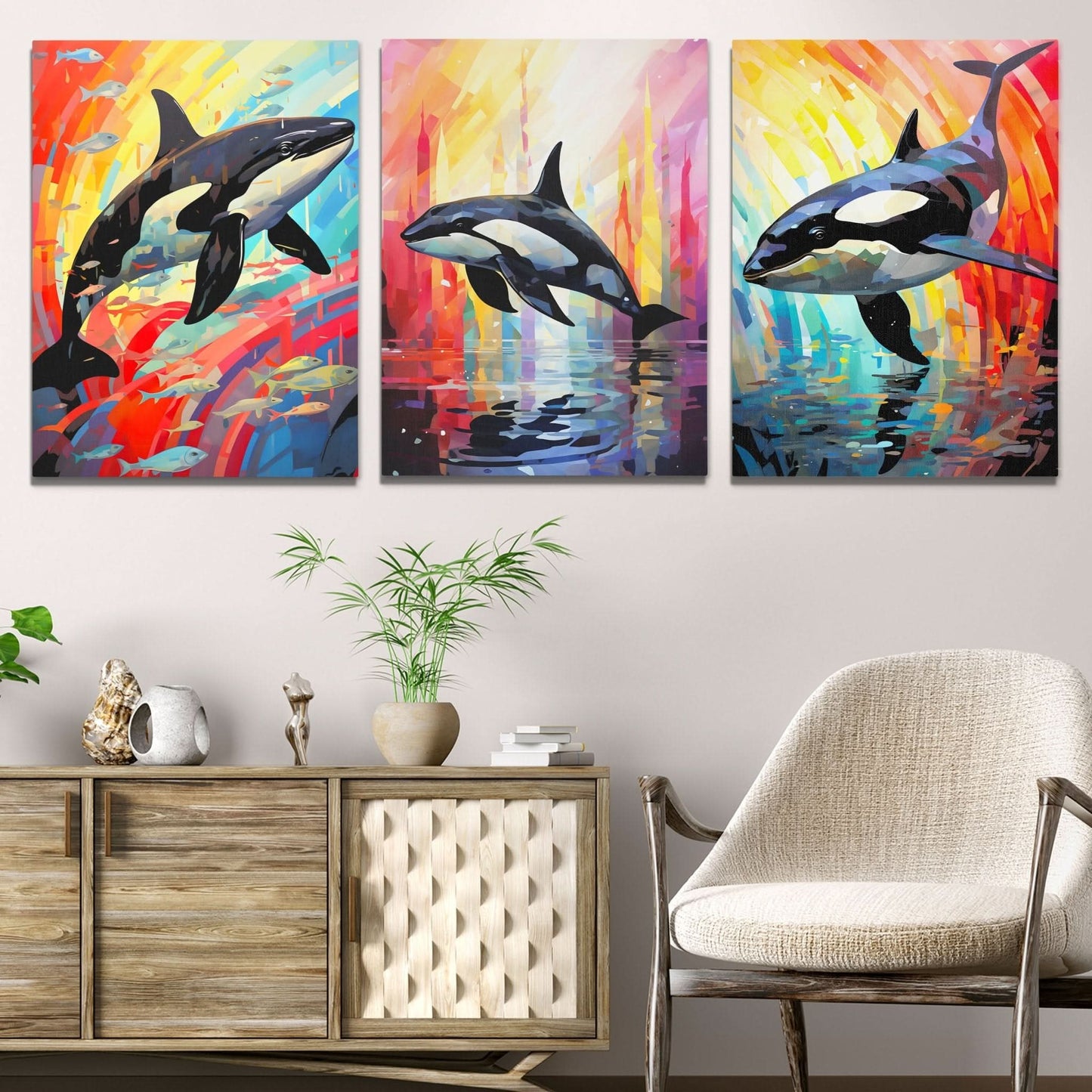 Rainbow Orca Pod (3) Set - Luxury Wall Art