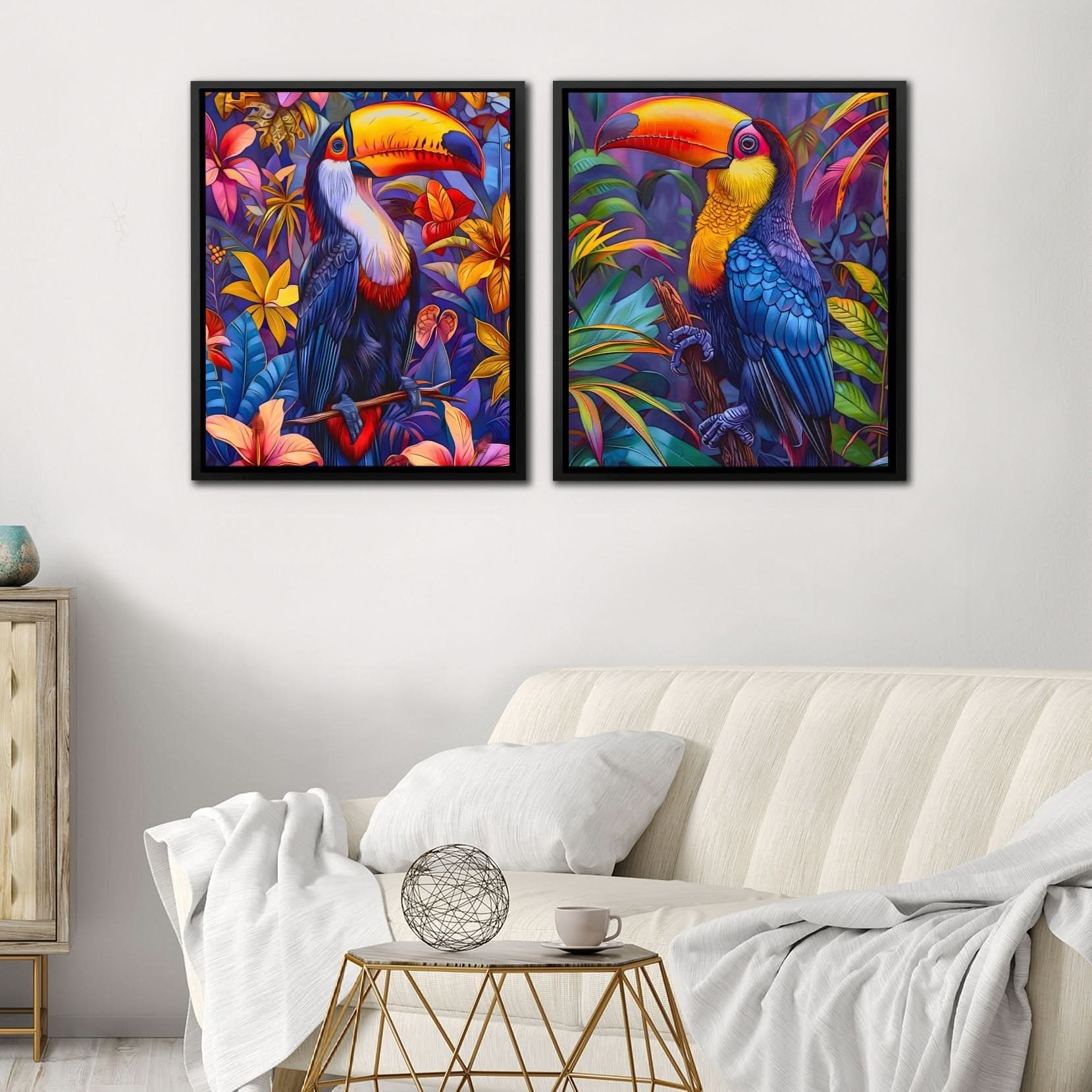 Rainforest Toucans - Bird Wall Art in Black Frame