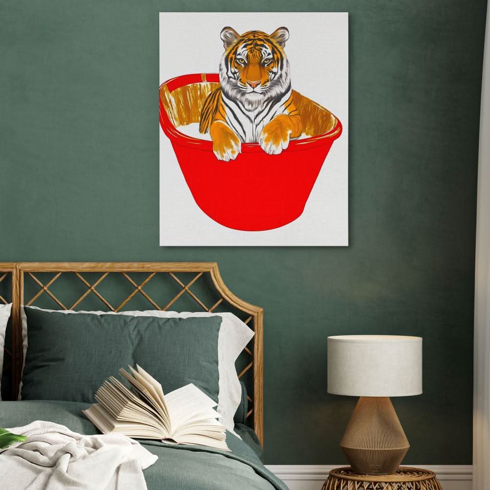 Red Bath Tiger - Large Modern Canvas Print