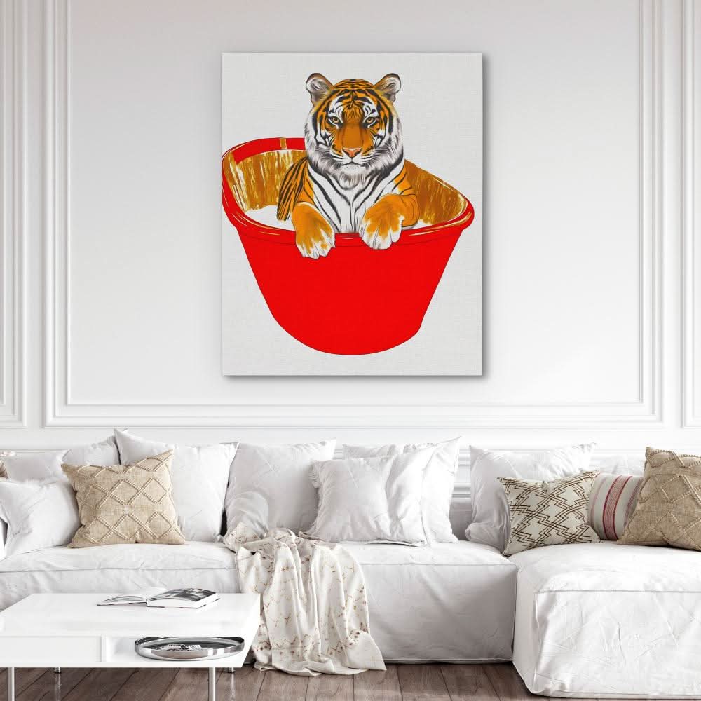 Red Bath Tiger - Red Entryway Canvas Print