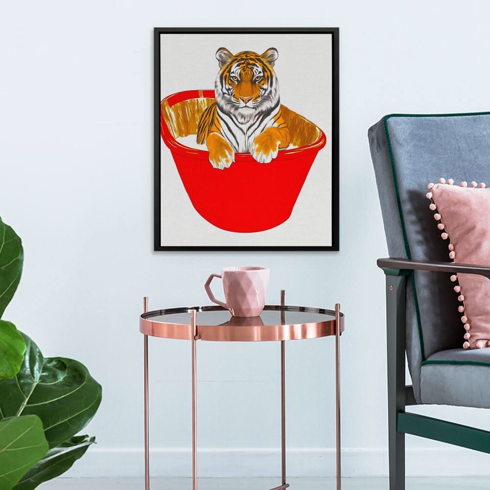 Red Bath Tiger - Modern Red Canvas Wall Art