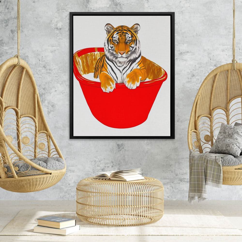 Red Bath Tiger - Modern Wall Art in Black Frame