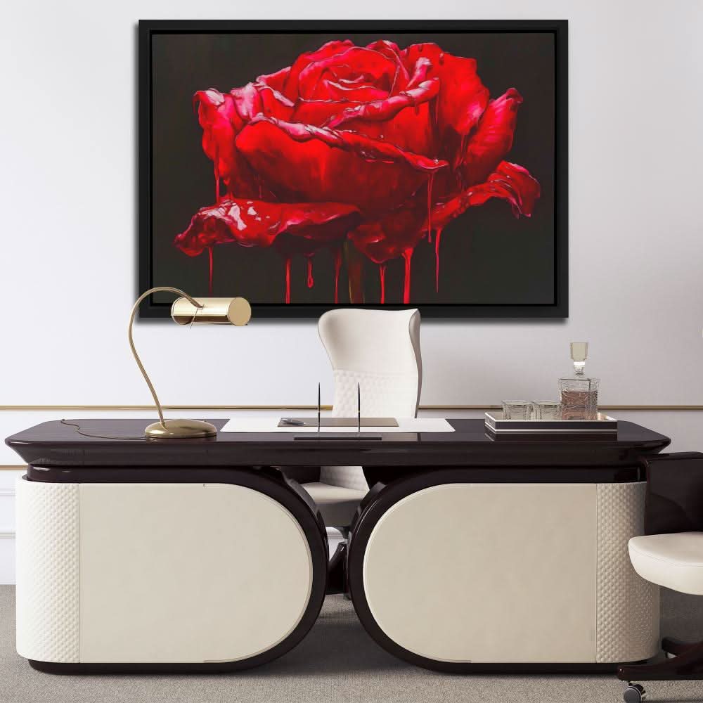 Red Rose Dripping - Floral Wall Art in Black Frame