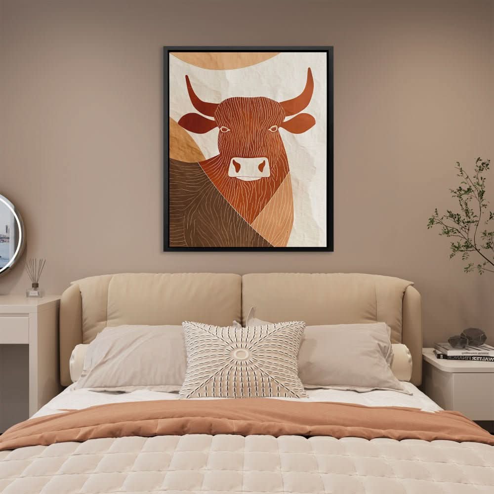 Refined Bull - Rustic Wall Art in Black Frame