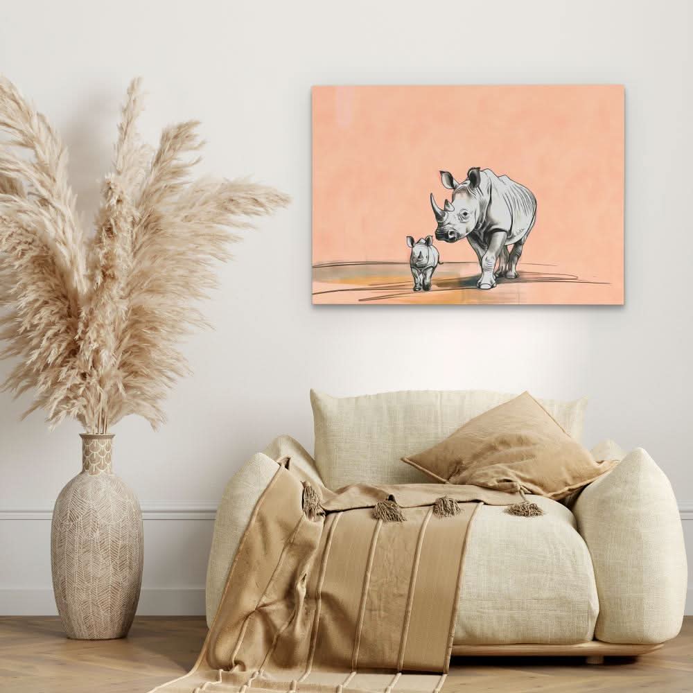 Rhino Family - Baby Animal Wall Art in Black Frame