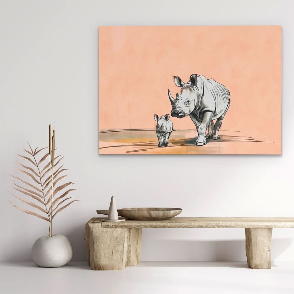 Rhino Family - Modern Neutral Canvas Wall Art