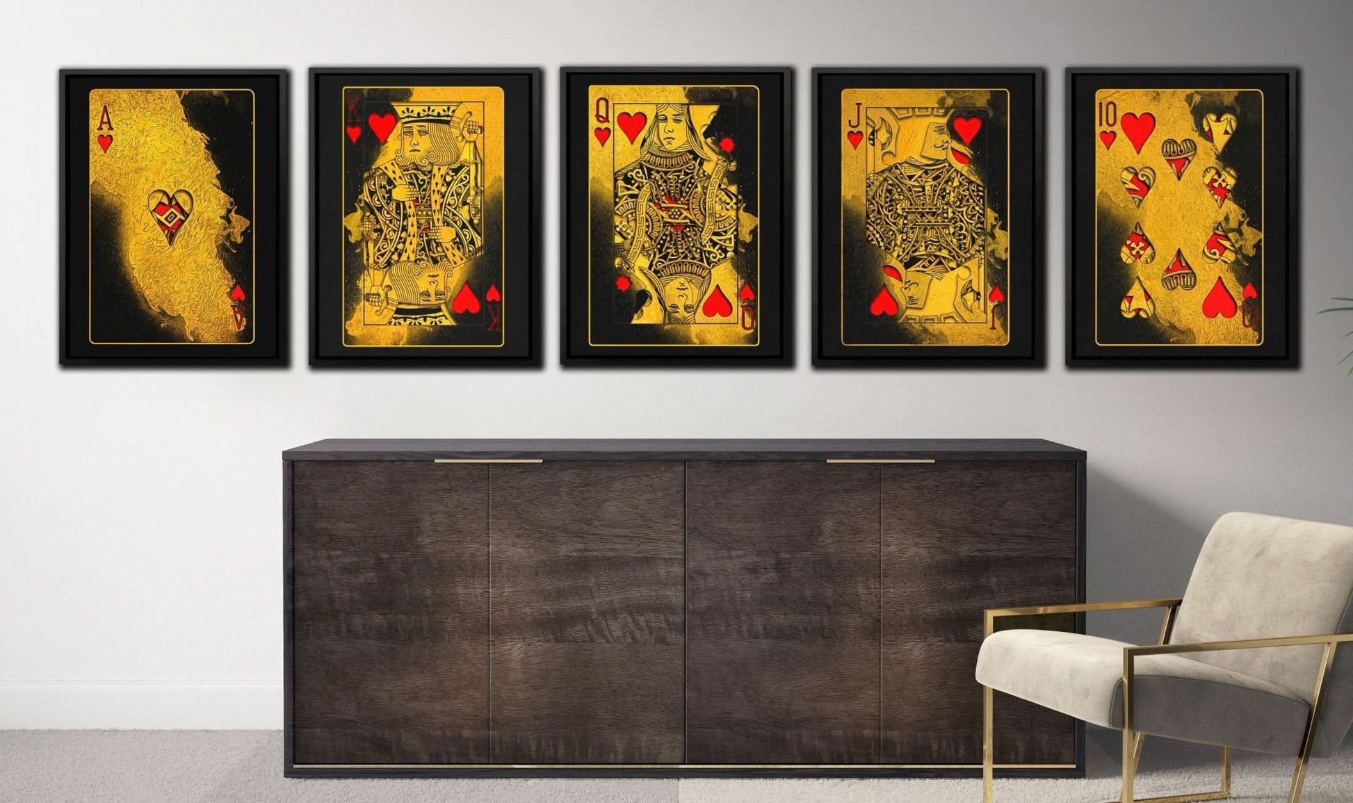Royal Flush Hearts - Black Canvas Wall Art
