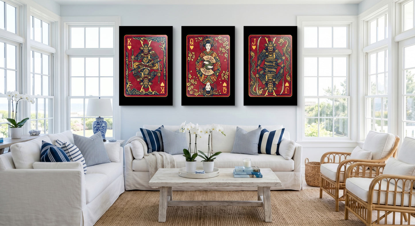 Samurai Hearts King Queen Jack - 3 Piece Set gallery-wrap canvas in a room