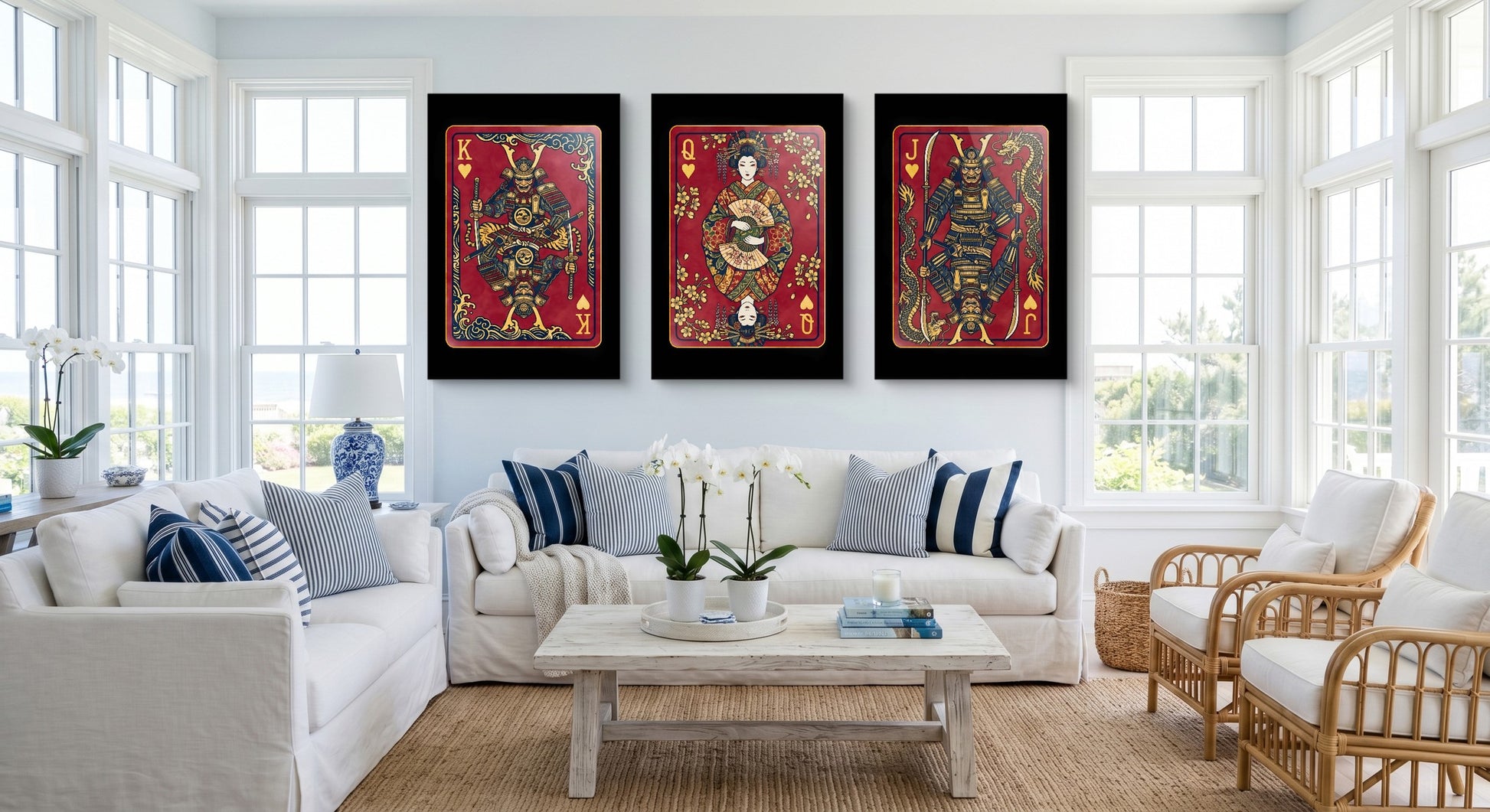 Samurai Hearts King Queen Jack - 3 Piece Set gallery-wrap canvas in a room