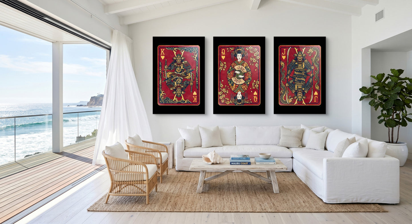 Samurai Hearts King Queen Jack - 3 Piece Set gallery-wrap canvas in a room