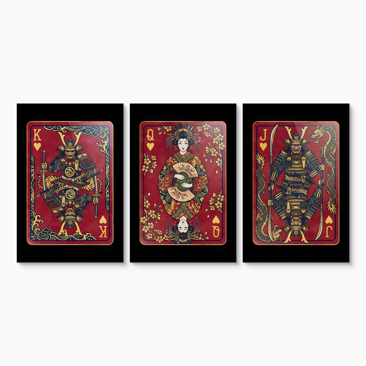 Samurai Hearts King Queen Jack - 3 Piece Set canvas set on white