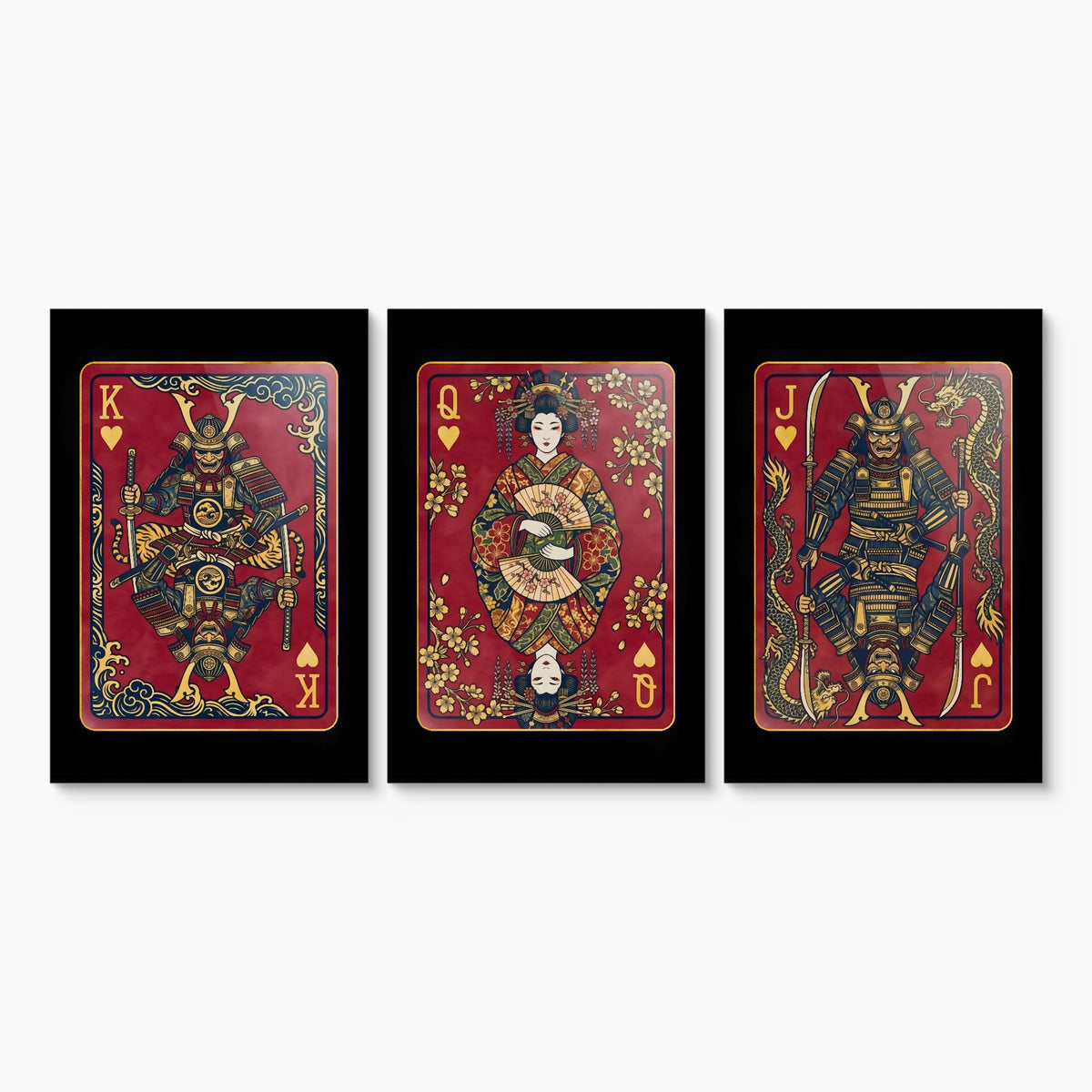 Samurai Hearts King Queen Jack - 3 Piece Set canvas set on white