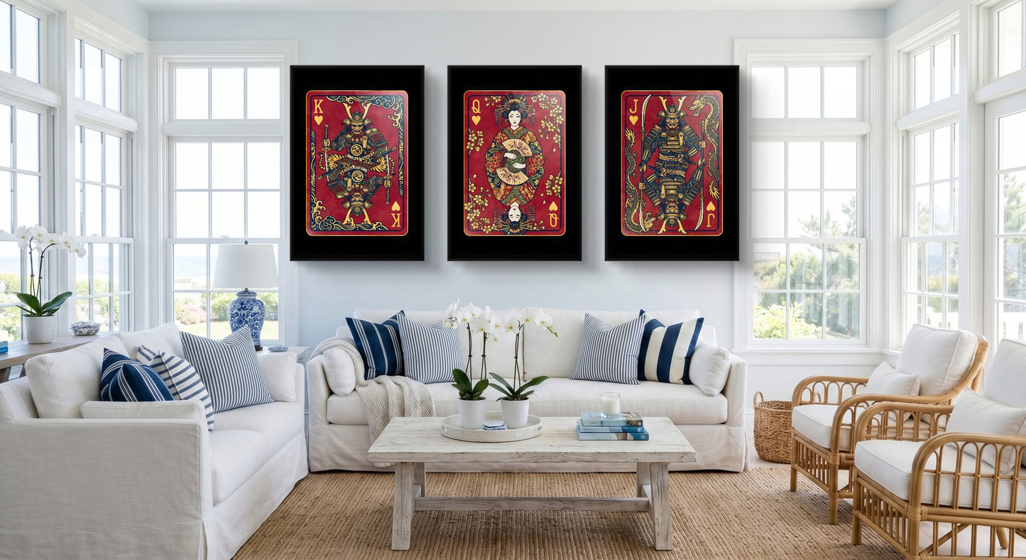 Samurai Hearts King Queen Jack - 3 Piece Set black-framed canvas in a room