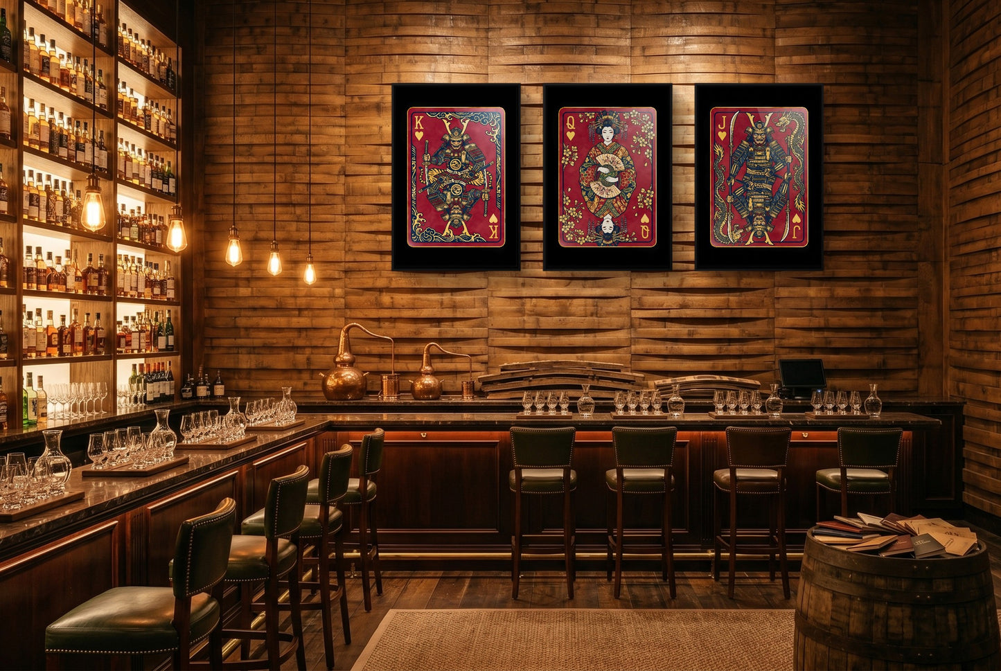 Samurai Hearts King Queen Jack - 3 Piece Set black-framed canvas in a room