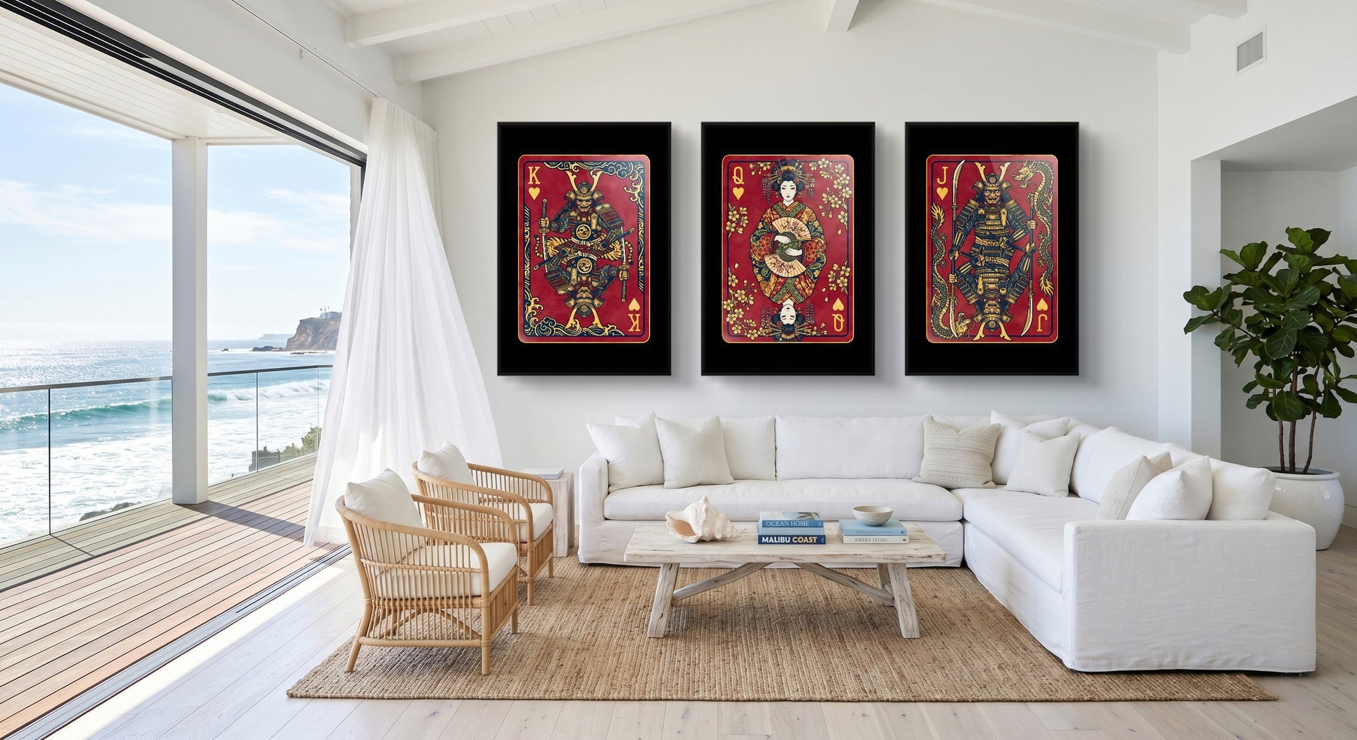Samurai Hearts King Queen Jack - 3 Piece Set black-framed canvas in a room