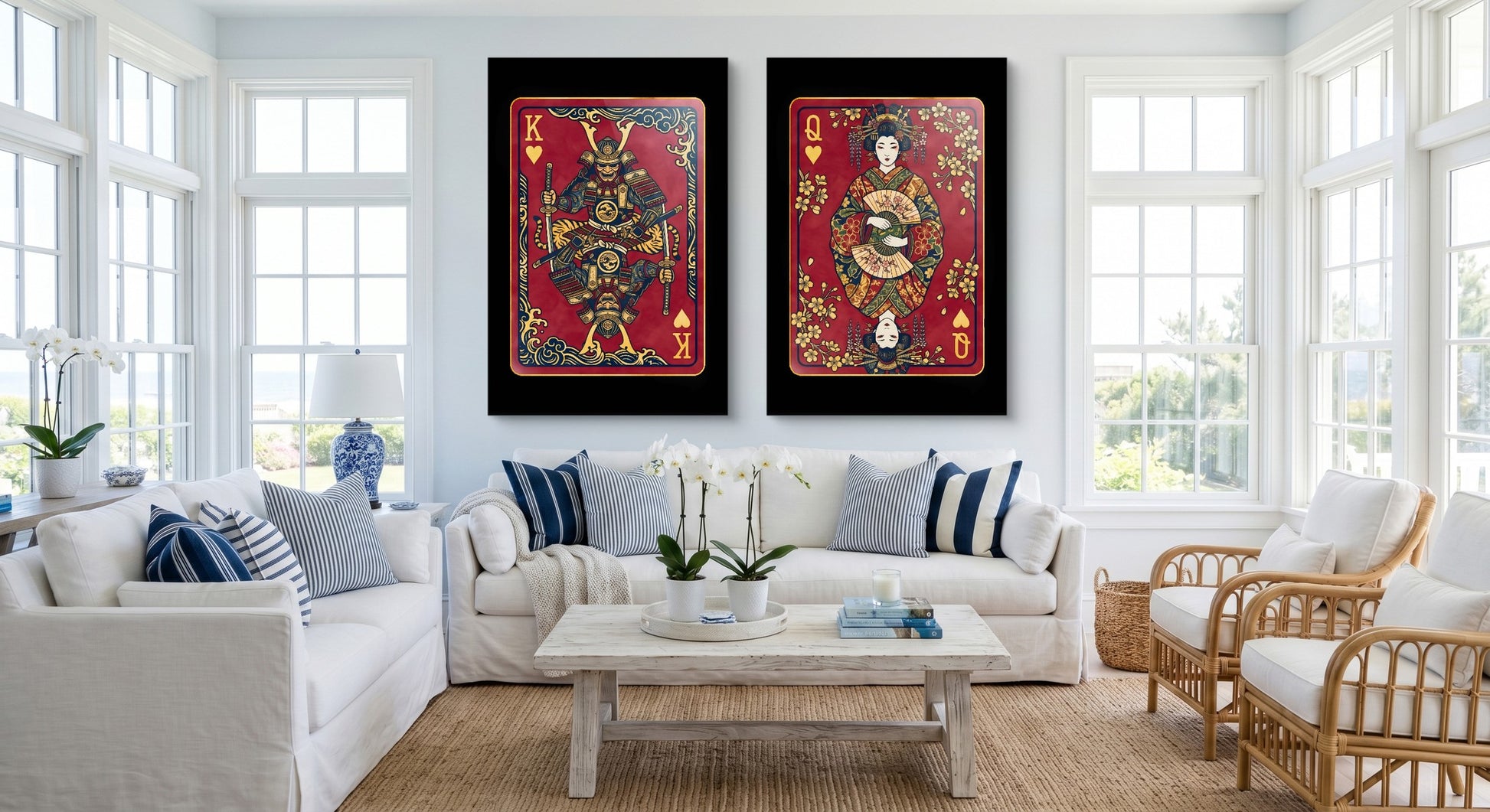 Samurai King & Queen Canvas Set - Hearts Cards gallery-wrap canvas in a room