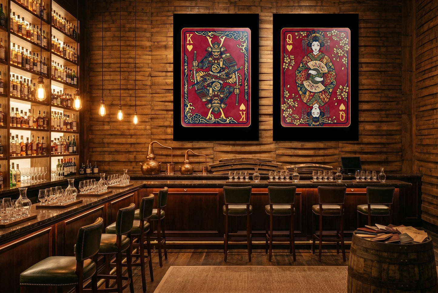 Samurai King & Queen Canvas Set - Hearts Cards gallery-wrap canvas in a room