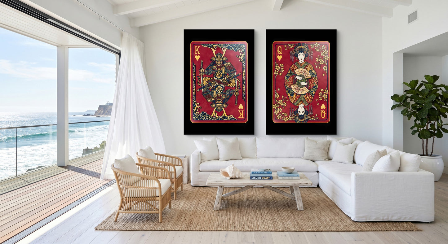Samurai King & Queen Canvas Set - Hearts Cards gallery-wrap canvas in a room
