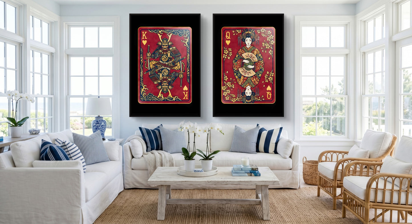 Samurai King & Queen Canvas Set - Hearts Cards black-framed canvas in a room
