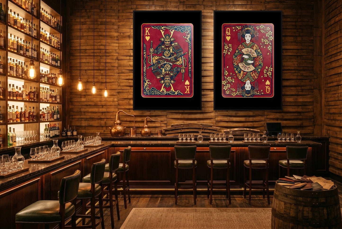 Samurai King & Queen Canvas Set - Hearts Cards black-framed canvas in a room