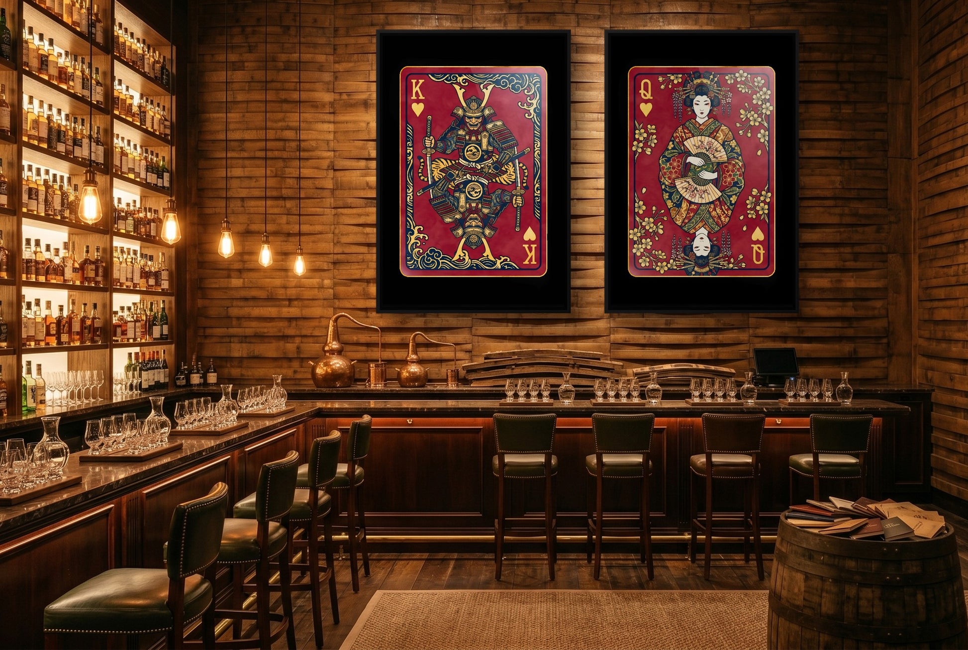 Samurai King & Queen Canvas Set - Hearts Cards black-framed canvas in a room