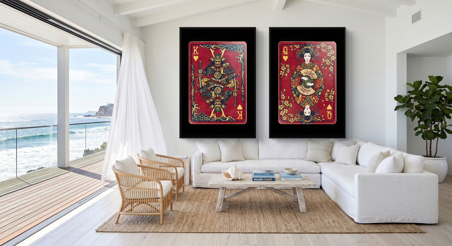 Samurai King & Queen Canvas Set - Hearts Cards black-framed canvas in a room