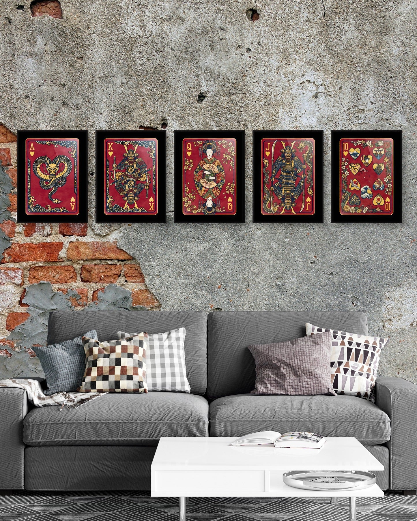 Samurai Poker Canvas Set - Hearts Royal Flush all five framed in a row on an industrial brick wall