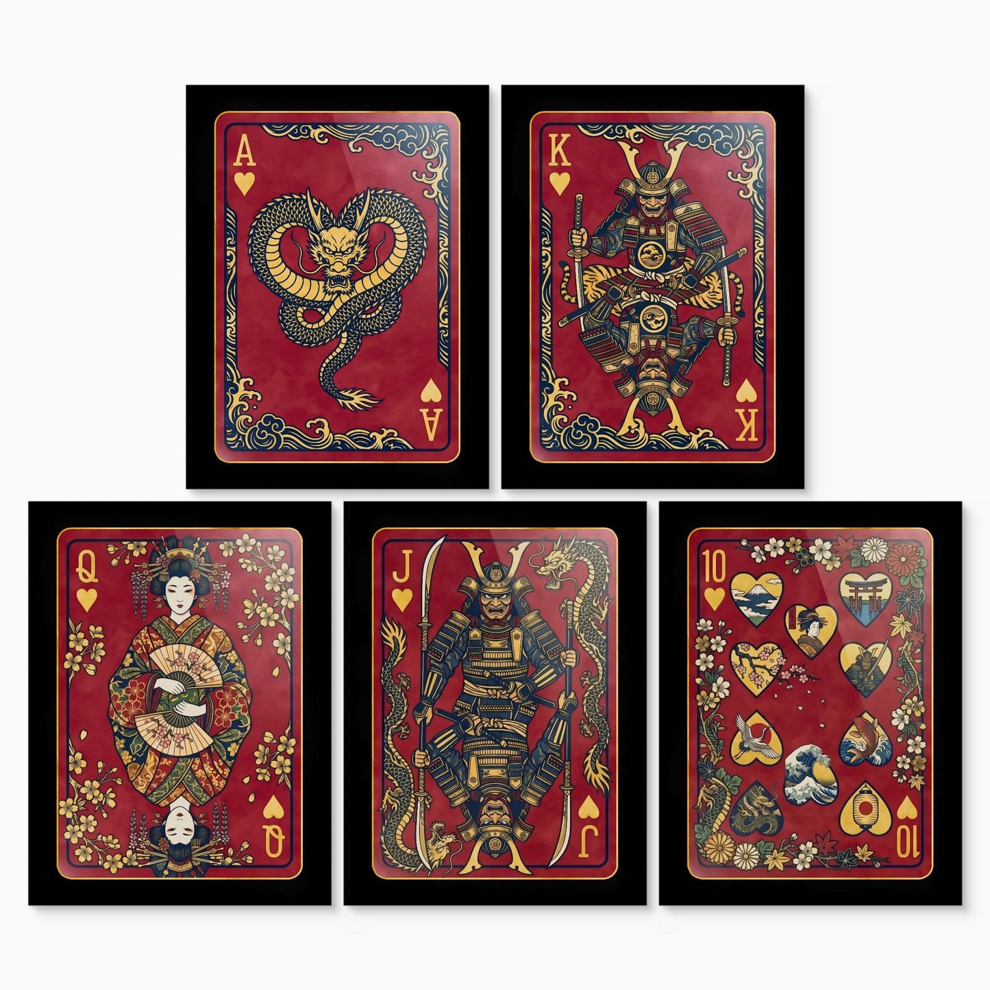 Samurai Poker Canvas Set - Hearts Royal Flush canvas print set, 2 over 3, no frame