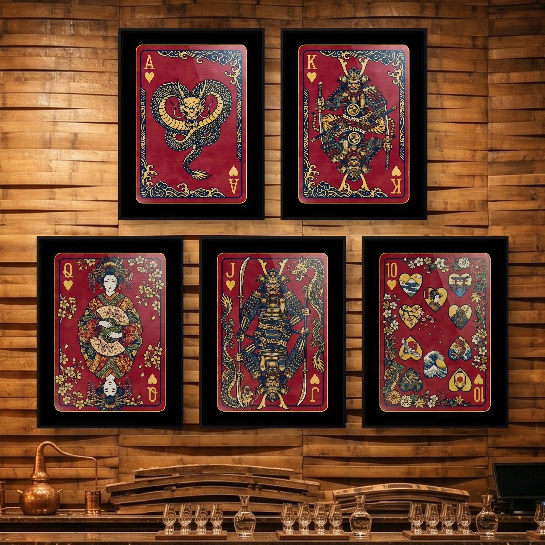 Samurai Poker Canvas Set - Hearts Royal Flush framed set on a wooden bar wall